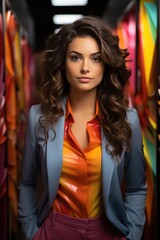 Naklejka premium Young beauty business fashionable girl standing in a modern glassy office