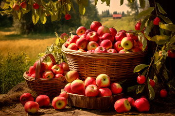 Good apple harvest. Apple growing. Farm and field. Harvested agricultural crops.