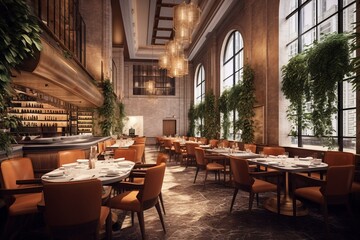 Fototapeta na wymiar Interior of an upscale restaurant showcased through a 3D rendering. Generative AI