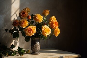Beautiful bunch of flowers, roses in a small vase on a table with shadow against a sunny wall. Generative AI