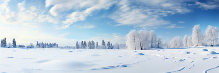 winter snow landscape against blue sky - extra wide use for backgrounds  with copy space