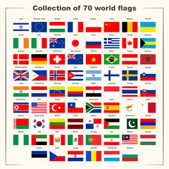 Collection of 70 flags of the countries of the world. Map. Travel app. Educational material for schoolchildren. Geography