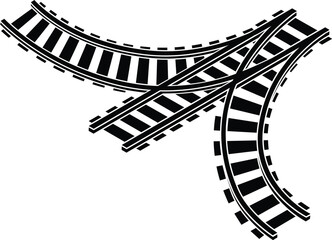 Cartoon Black and White Isolated Illustration Vector Of A Section of 3 Way Split Railway Train Track Piece