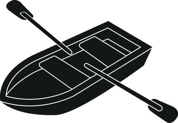 Cartoon Black and White Isolated Illustration Vector Of A Wooden Row Boat with 2 Paddle Oars
