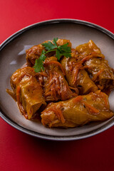 Cabbage Rolls, Stuffed with Meat. On a Red Background, in a Gray Plate.