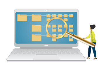 Woman with big magnifying glass searching files on laptop. Isolated. Vector illustration.