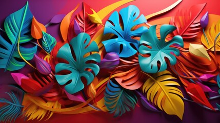 A bunch of colorful paper flowers on a red background. Vibrant pop art image. - obrazy, fototapety, plakaty
