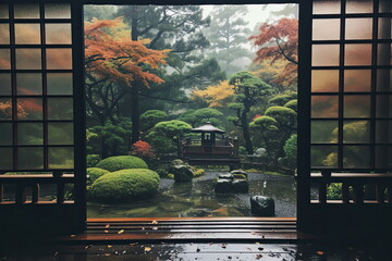 Beautiful Japanese Garden in the Rainy Autumn Season with Rain in the Maple Garden - Perfect for Fall and Autumn Themes, Copy Space Add Text Quote for Seasonal Reflections and Nature Beauty