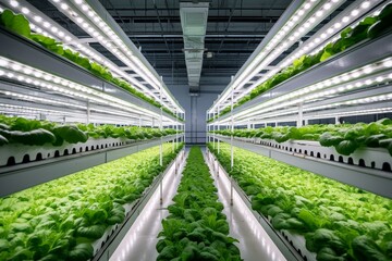 Indoor vegetable plant factory in exhibition warehouse. Interior of hydroponics farm. Lettuce growing in greenhouse. Concrete. Generative AI