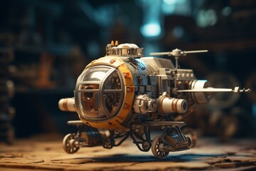 old-fashioned spacecraft with shallow depth of field. Generative AI