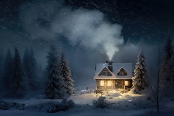 Wooden house and light from windows in the forest at winter night