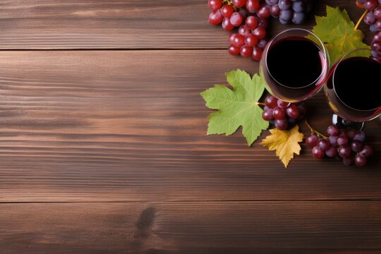 Banner. Fruits, grapes, wine glasses and wine bottles on a classic vintage wooden background.