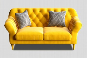 Contemporary yellow sofa isolated on transparent background. Generative AI