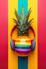 A pineapple with headphones on top of it. Vibrant pop art image.