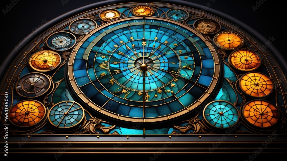 Poster a stained glass window with a clock on it. ai image. imaginary astrological clock.