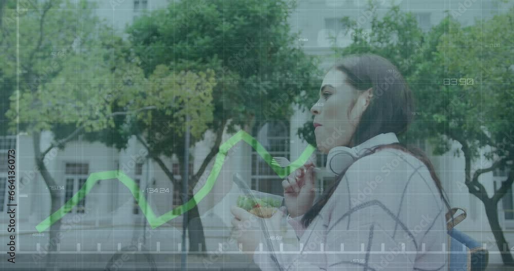 Aufkleber animation of data processing over biracial woman using smartphone