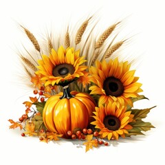 A bunch of sunflowers and a pumpkin on a table. Autumn clip art.