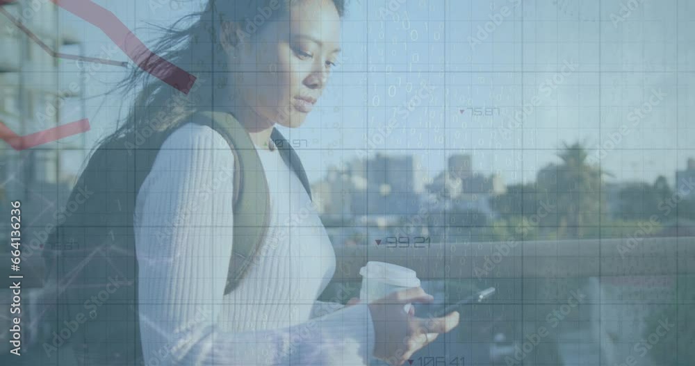 Wall mural Animation of data processing over biracial woman using smartphone