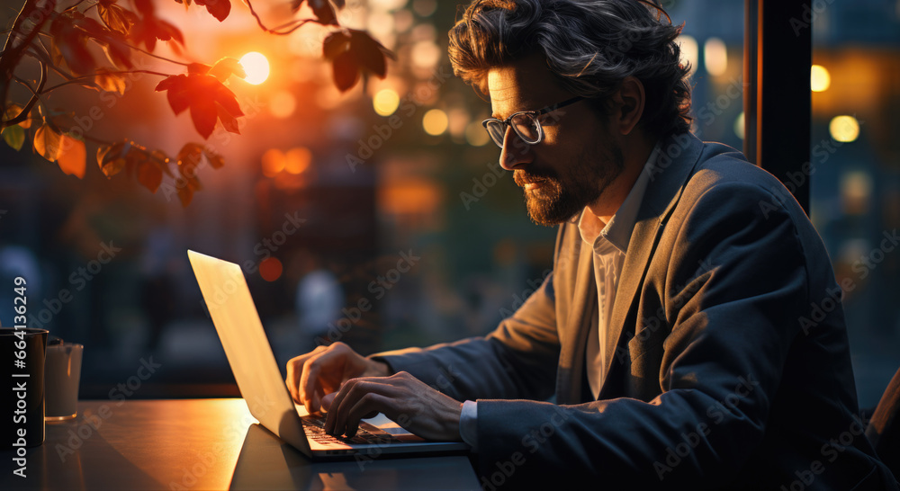 Poster a man sitting at a table using a laptop computer.
