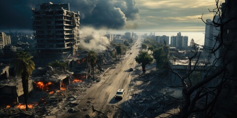 illustration of chaos city in war after missile and bomb hitting road, building and car - obrazy, fototapety, plakaty
