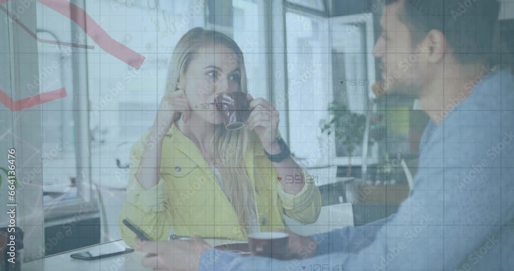 Poster animation of data processing and red lines over caucasian couple in cafe