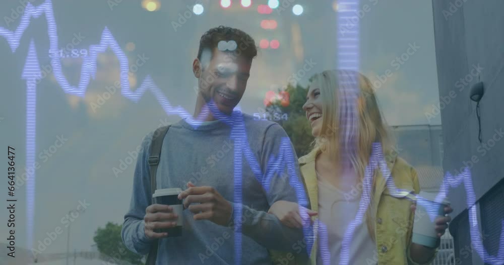 Poster animation of data processing and arrows over caucasian couple