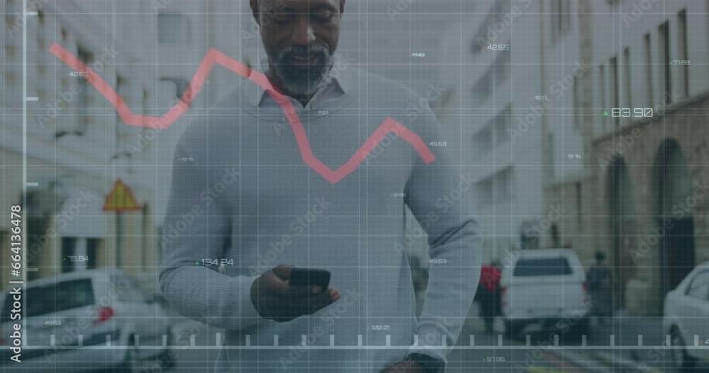 Poster animation of data processing over african american man using smartphone