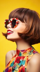 A woman wearing sunglasses and a colorful dress. Vibrant pop art image.