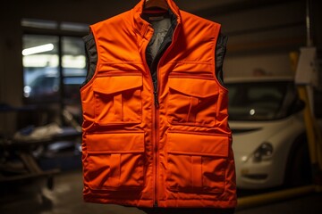 A bright orange vest worn for safety during work to prevent accidents. Generative AI