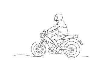 Fototapeta na wymiar Side view of a man riding a motorcycle. Bikers one-line drawing