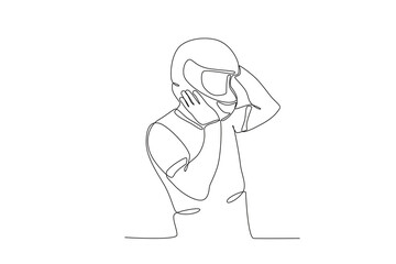 Side view of a man wearing a helmet. Bikers one-line drawing