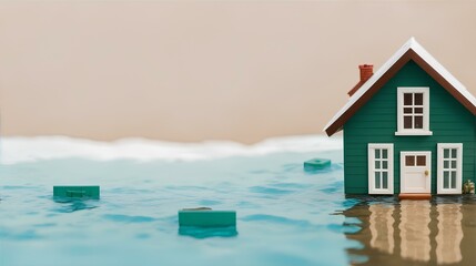 水没するミニチュア モデル ハウス、自然災害と洪水、コンセプトの背景｜A miniature model house submerged in water. natural disasters and floods. concept background. Generative AI