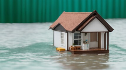 水没するミニチュア モデル ハウス、自然災害と洪水、コンセプトの背景｜A miniature model house submerged in water. natural disasters and floods. concept background. Generative AI