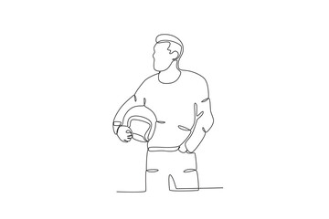 A man holding a helmet coolly. Bikers one-line drawing