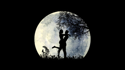 pareja dándose un abrazo bajo la luna llena. - obrazy, fototapety, plakaty