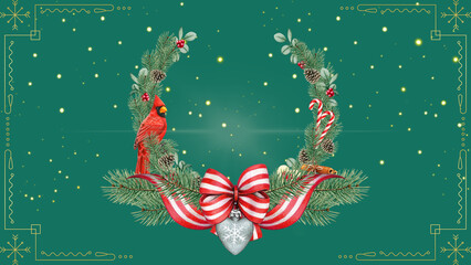 Corona navideña con pájaro y cinta - obrazy, fototapety, plakaty