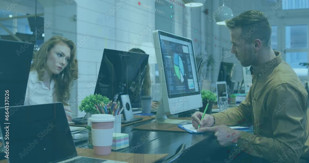 Poster animation of data processing over diverse people working in office