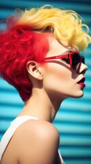 A woman with red and yellow hair and sunglasses. Vibrant pop art image.