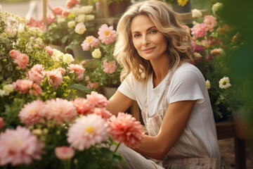 A woman sitting in front of a bunch of flowers. Portrait of middle-aged gardener.