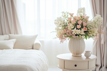 Arrangement of flowers in a vase placed in a white bedroom. Generative AI