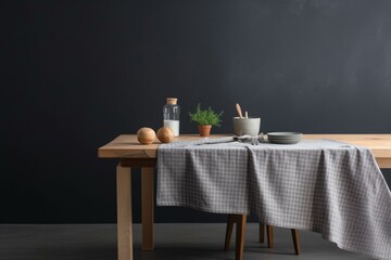 Minimalist kitchen setting with clean wooden table and stylish tablecloth against a gray backdrop. Generative AI
