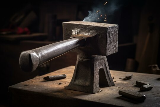 metal hammer striking anvil. Generative AI