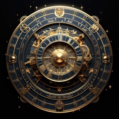 A gold astrological clock with a black background.