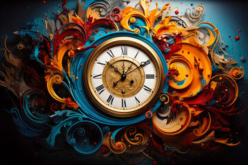 A clock with a gold face surrounded by colorful swirls. AI image. - obrazy, fototapety, plakaty