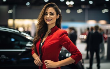 A beautiful woman posing at an auto show