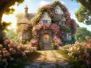 Quaint old English cottage farm house with beautiful pink roses and garden - obrazy, fototapety, plakaty