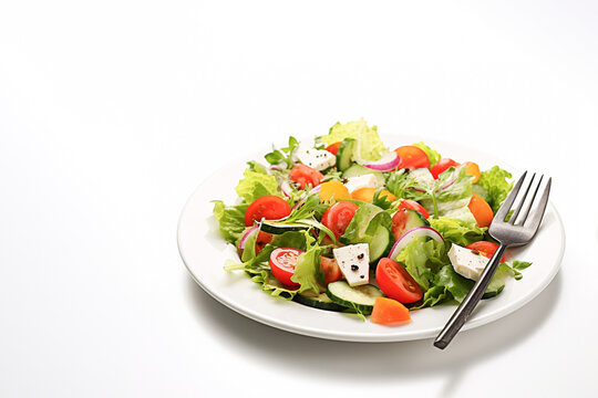 Greek salad with green leaves, tomatoes, cucumber, feta cheese. On white background, copy space