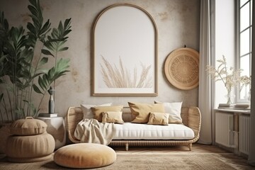 Boho-style interior with a mockup of a frame and poster. A 3D rendering and illustration. Generative AI