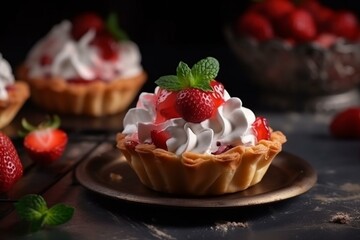 A sweet dessert with strawberry filling and cream on a blurry background. Generative AI