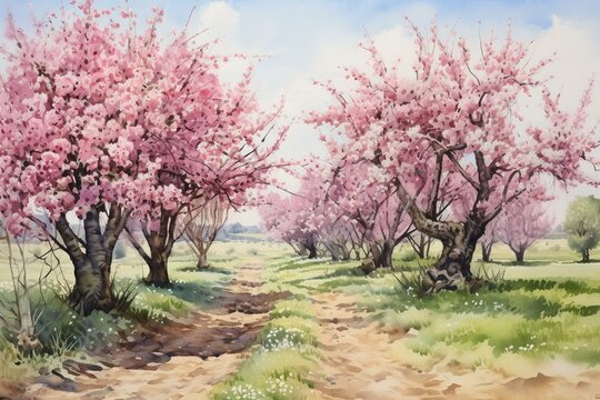 watercolor painting of cherry trees. Generative AI